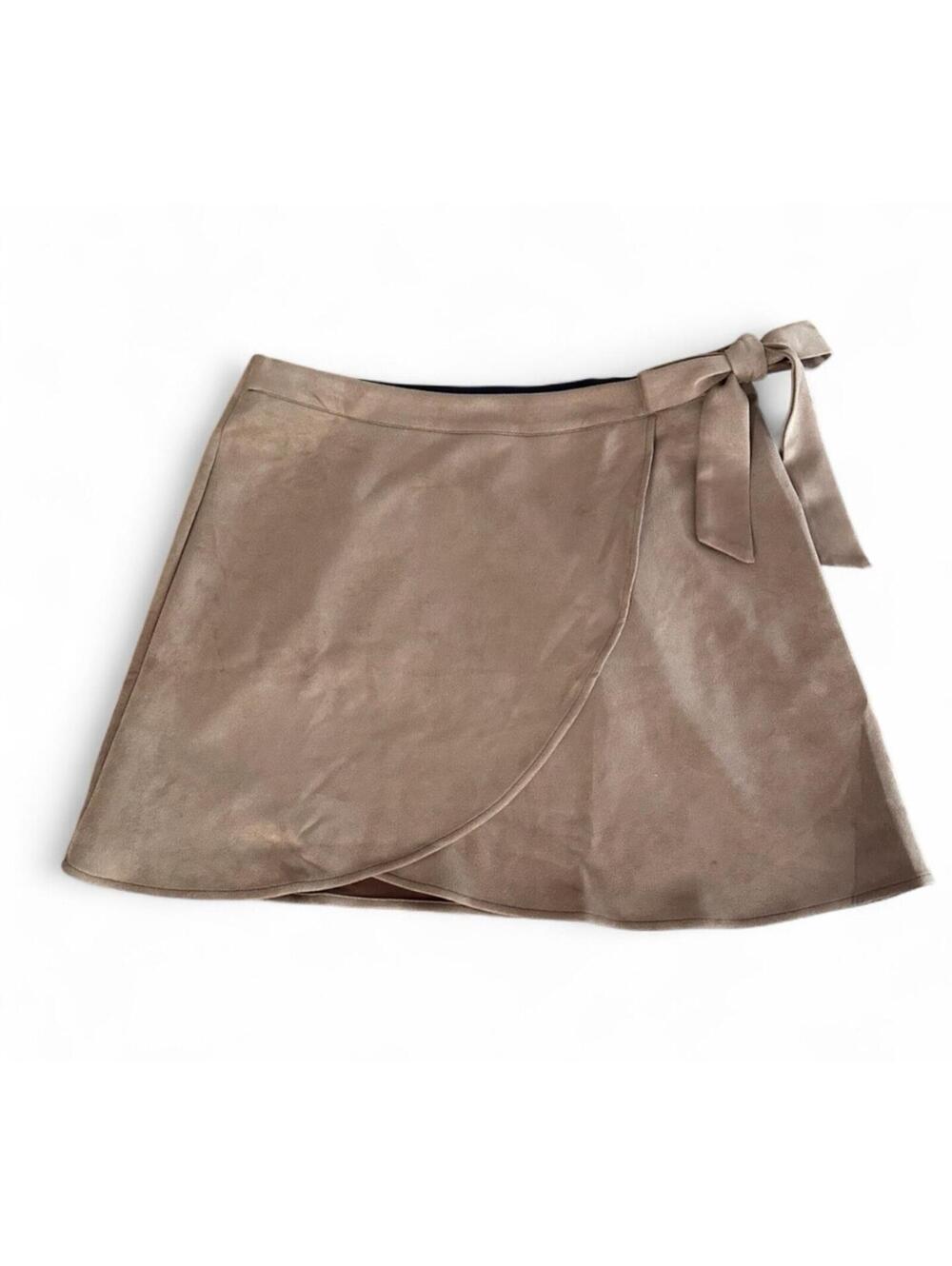 Allegra K Faux Suede Wrap Mini Skirt XL Tan Tie Waist A-Line